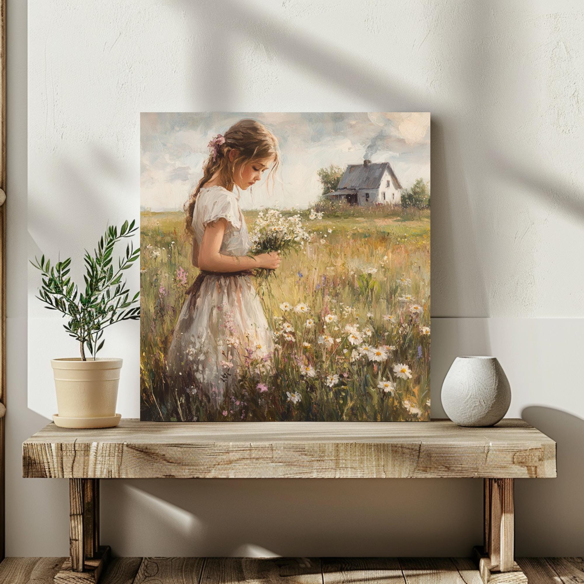 Country Girl Canvas Wall Art, Flower Field Canvas Print, Vintage Farmhouse Art for Home, Rustic Cottagecore Home Decor