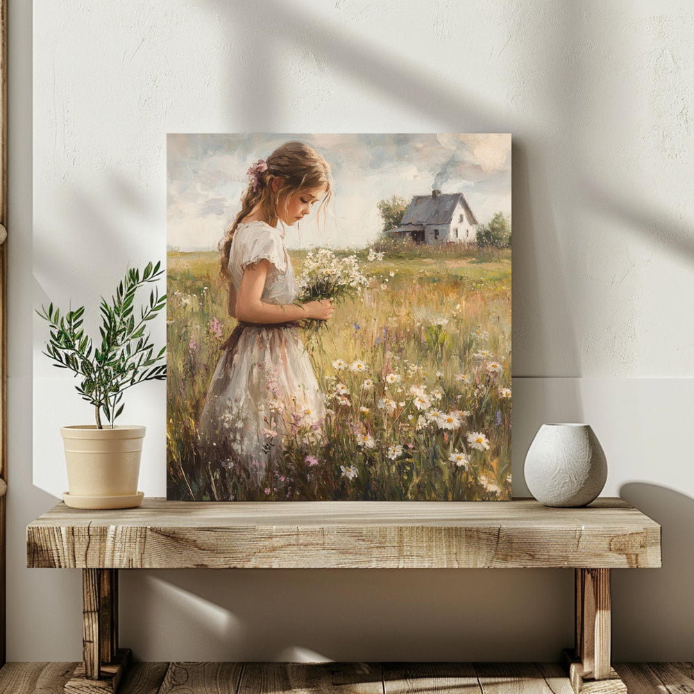 Country Girl Canvas Wall Art, Flower Field Canvas Print, Vintage Farmhouse Art for Home, Rustic Cottagecore Home Decor