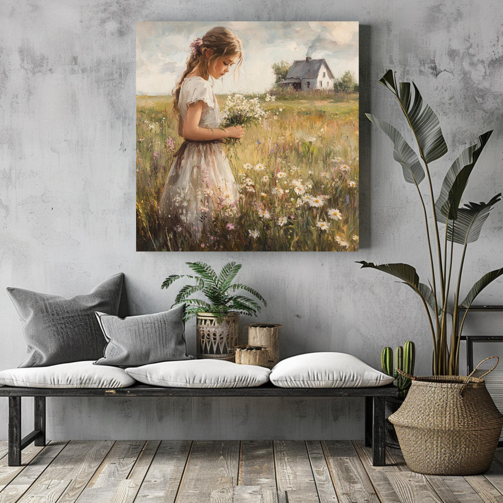 Country Girl Canvas Wall Art, Flower Field Canvas Print, Vintage Farmhouse Art for Home, Rustic Cottagecore Home Decor