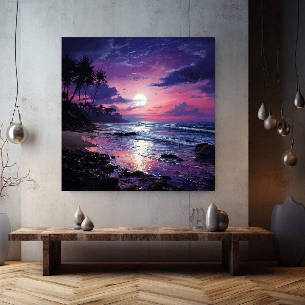 Indigo Sea Canvas Wall Art, Coastal Ocean Print, Purple Sky Seascape Poster, Large Beach Canvas, Framed Wall Art Home Decor, Ready To Hang