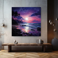 Indigo Sea Canvas Wall Art, Coastal Ocean Print, Purple Sky Seascape Poster, Large Beach Canvas, Framed Wall Art Home Decor, Ready To Hang