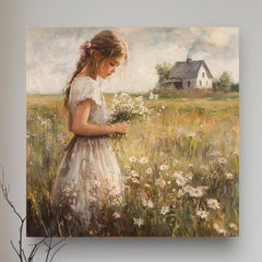 Country Girl Canvas Wall Art, Flower Field Canvas Print, Vintage Farmhouse Art for Home, Rustic Cottagecore Home Decor
