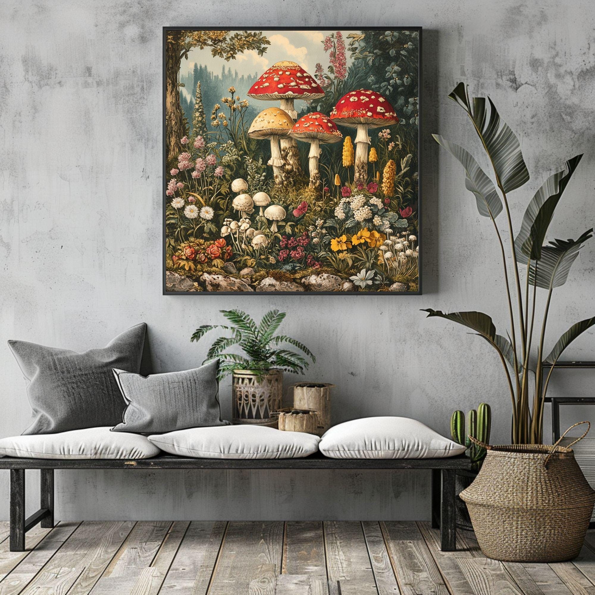 Vintage Mushroom Canvas Wall Art, Mushrooms in Forest Print, Cottagecore Home Decor Painting
