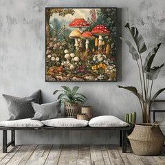 Vintage Mushroom Canvas Wall Art, Mushrooms in Forest Print, Cottagecore Home Decor Painting