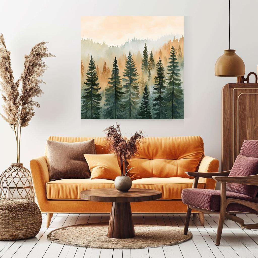 Evergreen Forest Art Canvas, Boho Wall Art, Pine Trees Wall Art, Living Room Decor, Forest Wall Art, Housewarming Gift, Woodland Wall Art