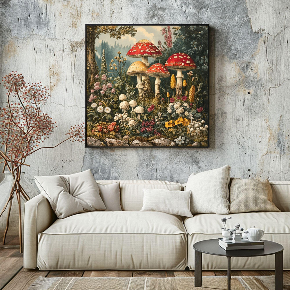Vintage Mushroom Canvas Wall Art, Mushrooms in Forest Print, Cottagecore Home Decor Painting