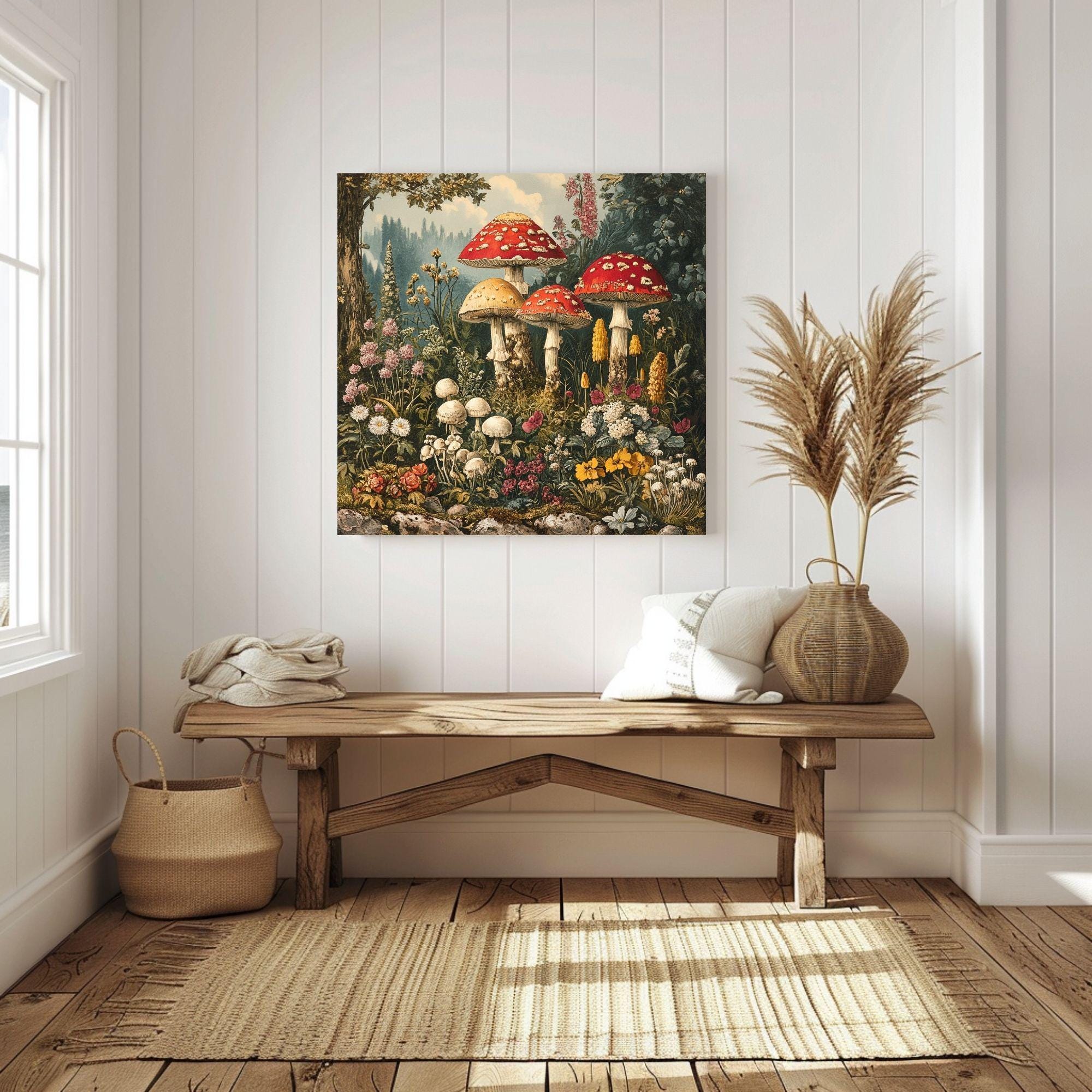 Vintage Mushroom Canvas Wall Art, Mushrooms in Forest Print, Cottagecore Home Decor Painting