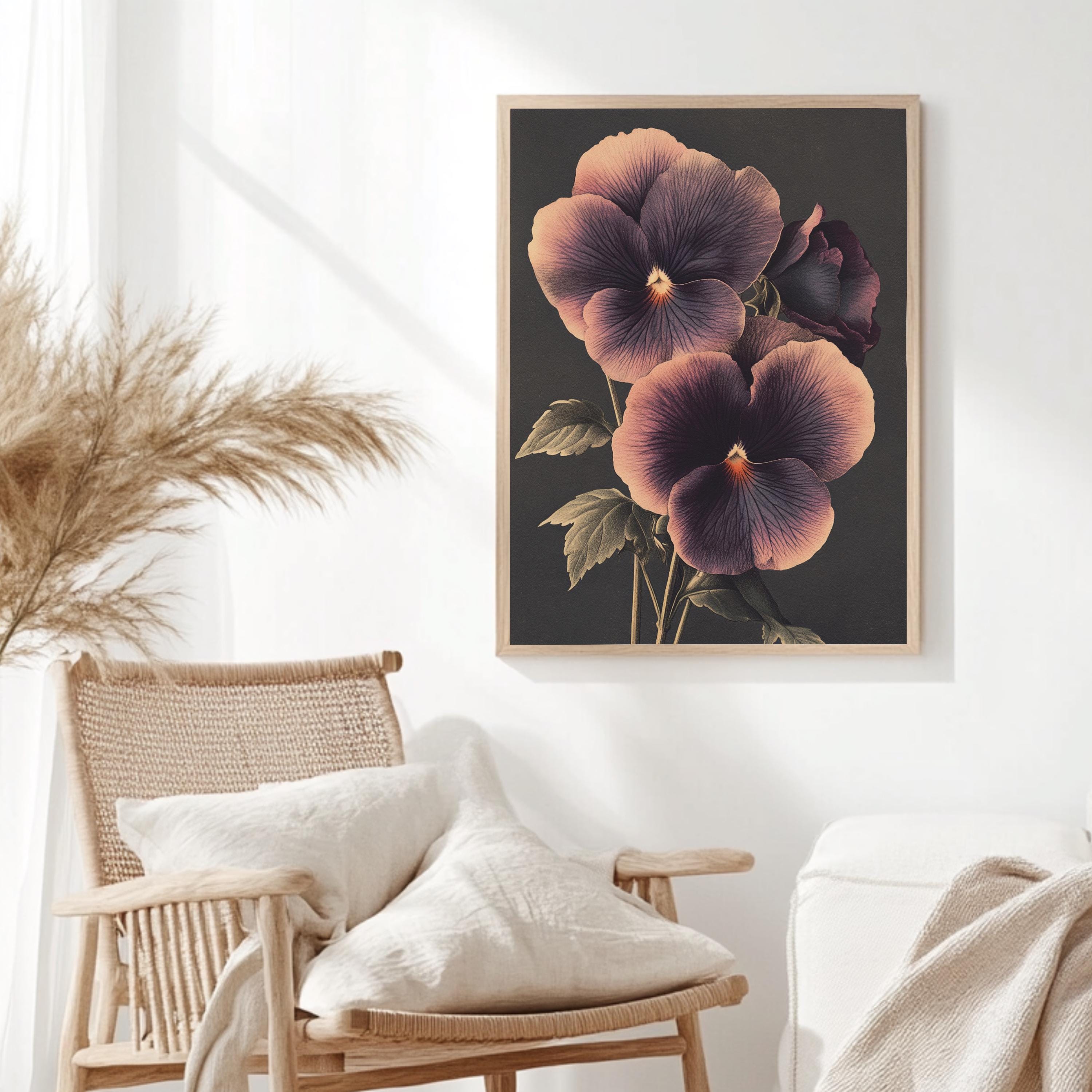 Vintage Pansy Wall Art, Botanical Flower Poster Print, Floral Canvas, Framed Garden-Inspired Art, Nature-Inspired Poster, Floral Wall Decor