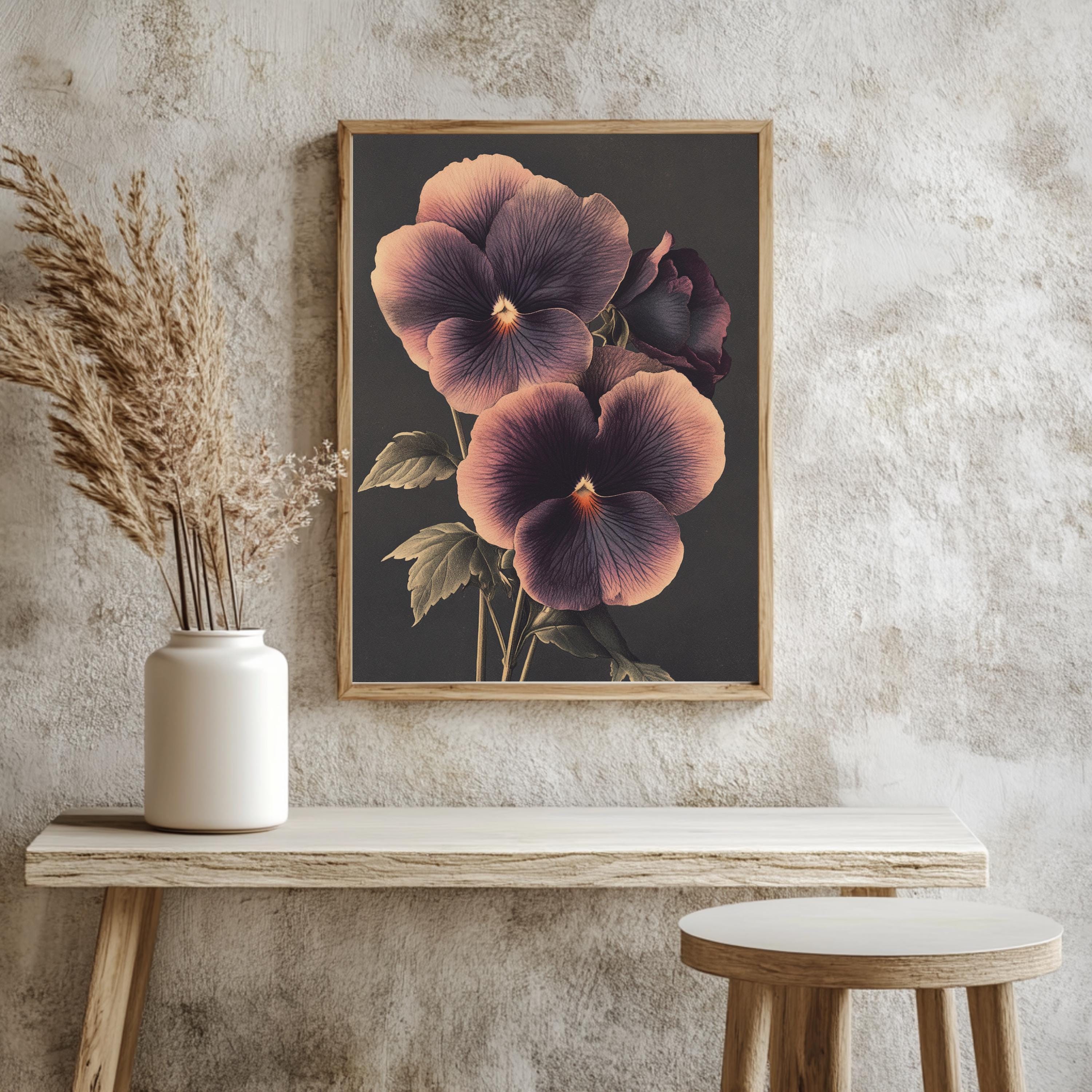Vintage Pansy Wall Art, Botanical Flower Poster Print, Floral Canvas, Framed Garden-Inspired Art, Nature-Inspired Poster, Floral Wall Decor