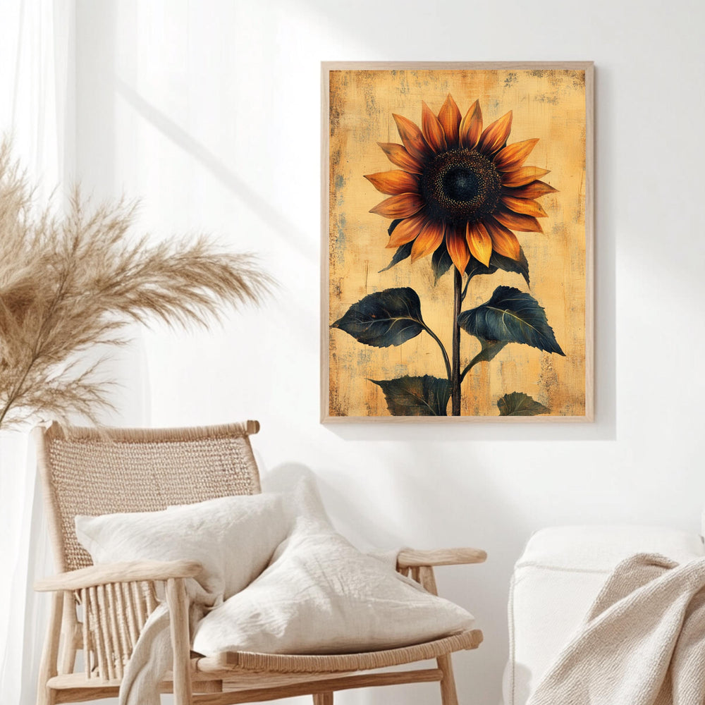 Vintage Sunflower Wall Art, Botanical Poster Print, Rustic Farmhouse Canvas, Framed Floral Wall Accent for Home, Country Garden Poster