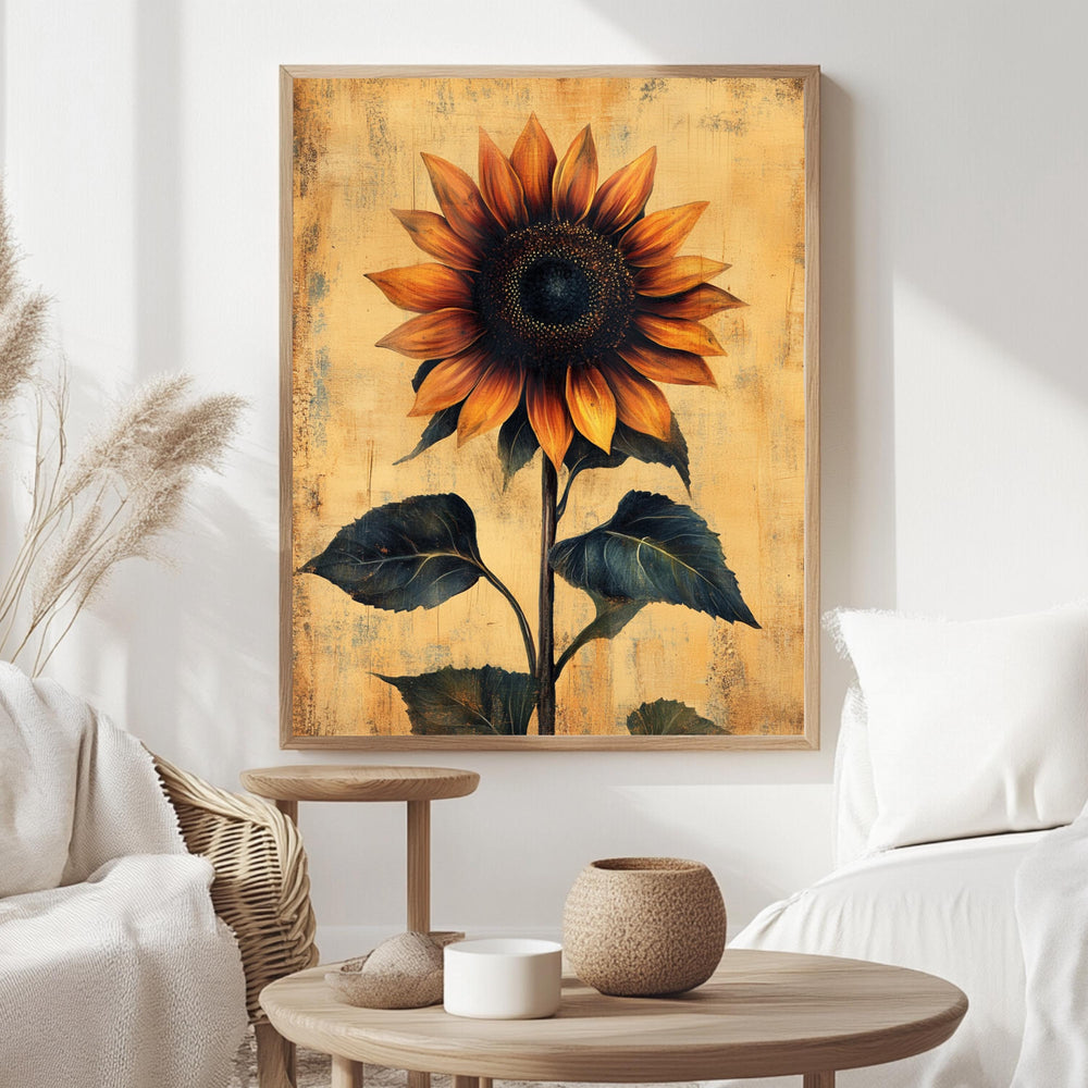 Vintage Sunflower Wall Art, Botanical Poster Print, Rustic Farmhouse Canvas, Framed Floral Wall Accent for Home, Country Garden Poster