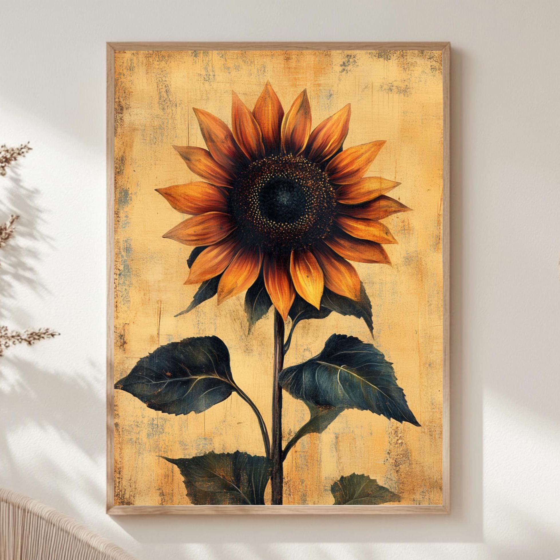 Vintage Sunflower Wall Art, Botanical Poster Print, Rustic Farmhouse Canvas, Framed Floral Wall Accent for Home, Country Garden Poster