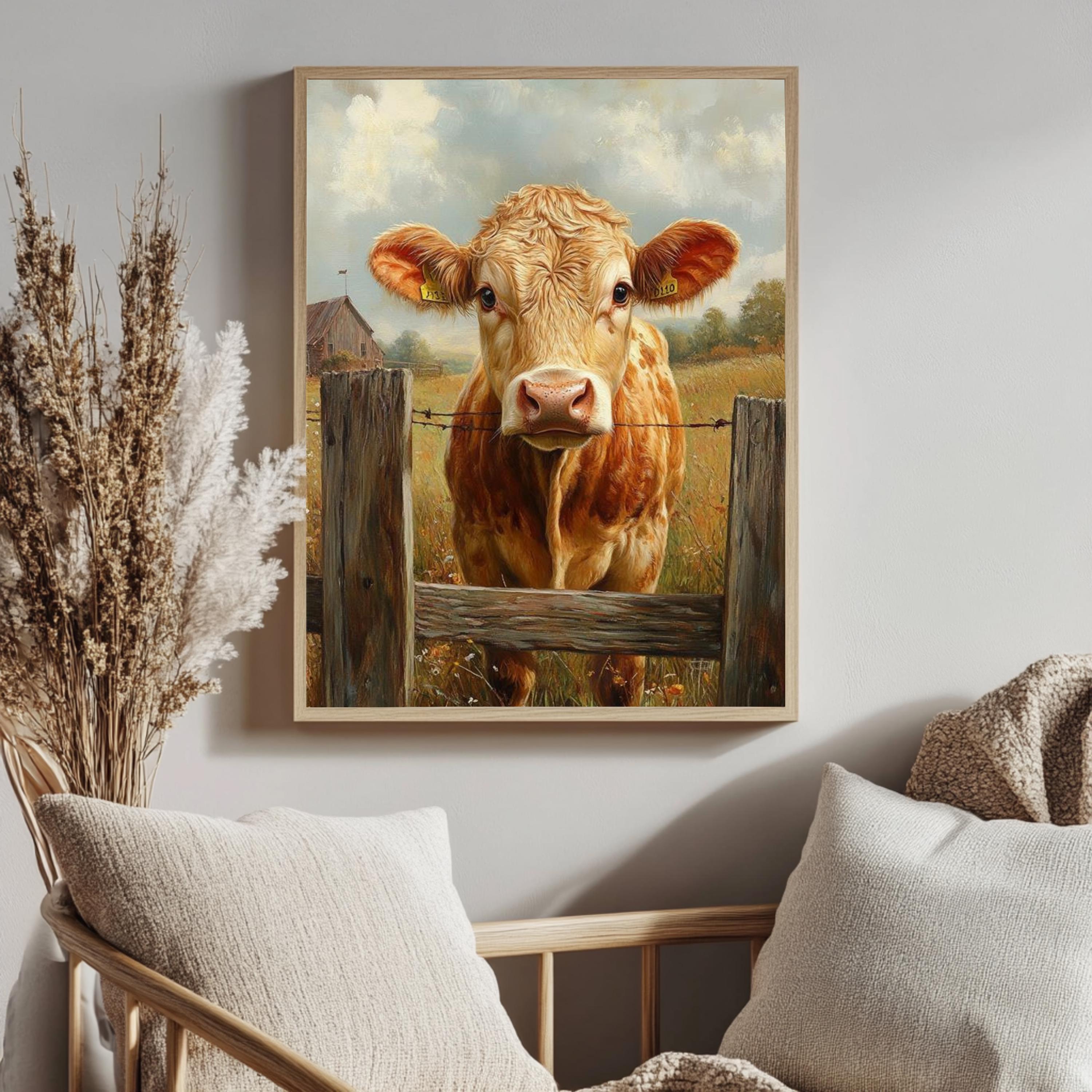 Vintage Farmhouse Cow Canvas, Rustic Country Poster Print, Framed Cow Wall Art, Antique Animal Decor for Kitchen or Home, Farmhouse Decor