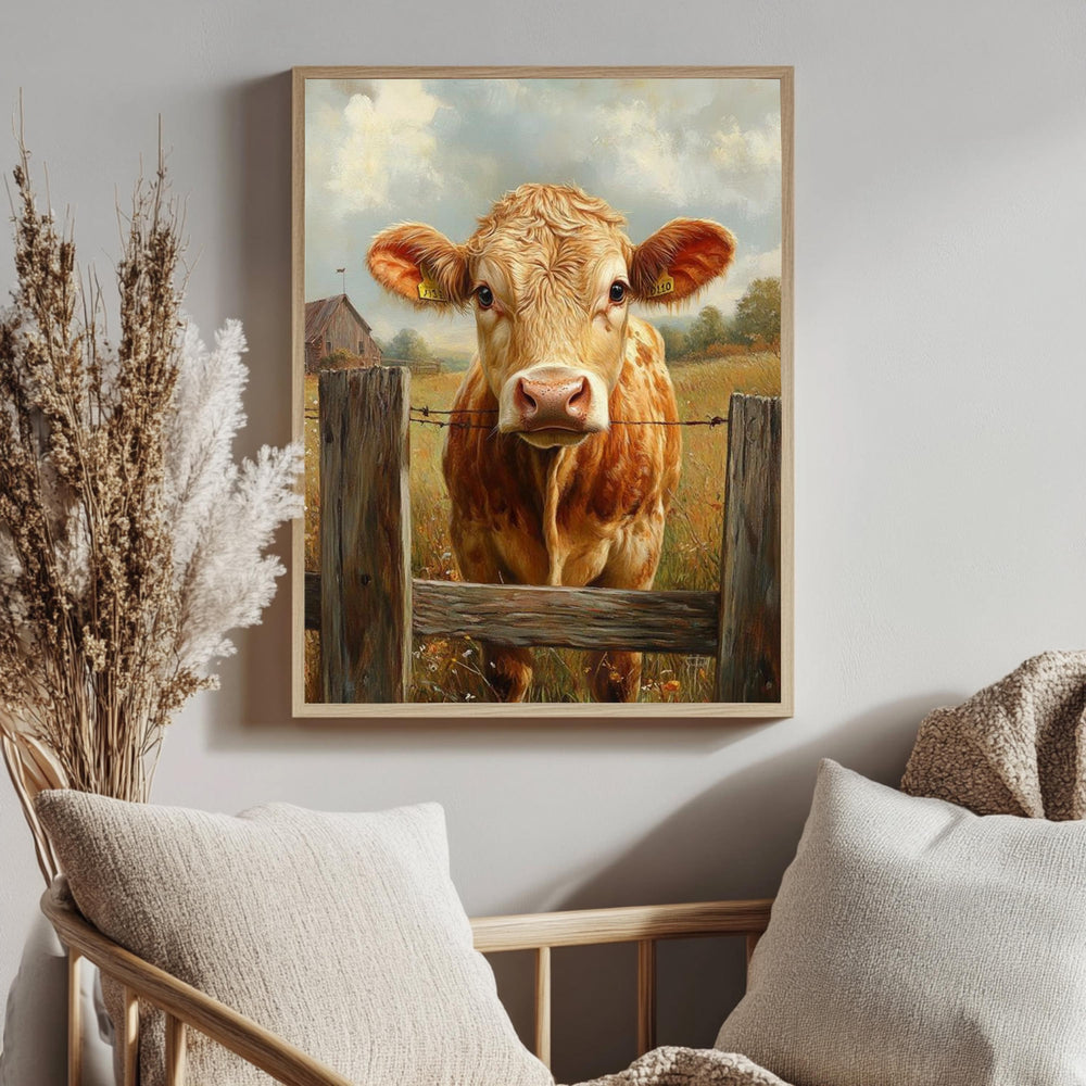 Vintage Farmhouse Cow Canvas, Rustic Country Poster Print, Framed Cow Wall Art, Antique Animal Decor for Kitchen or Home, Farmhouse Decor