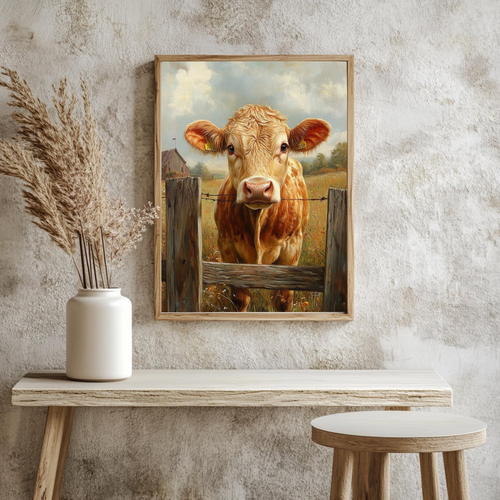 Vintage Farmhouse Cow Canvas, Rustic Country Poster Print, Framed Cow Wall Art, Antique Animal Decor for Kitchen or Home, Farmhouse Decor