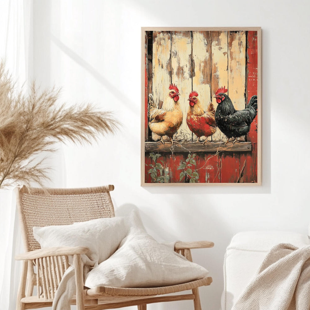 Vintage Chickens Wall Art, Farm Animal Poster Print, Rustic Country Canvas, Framed Barnyard Decor for Farmhouse Kitchen or Home, Nature Art