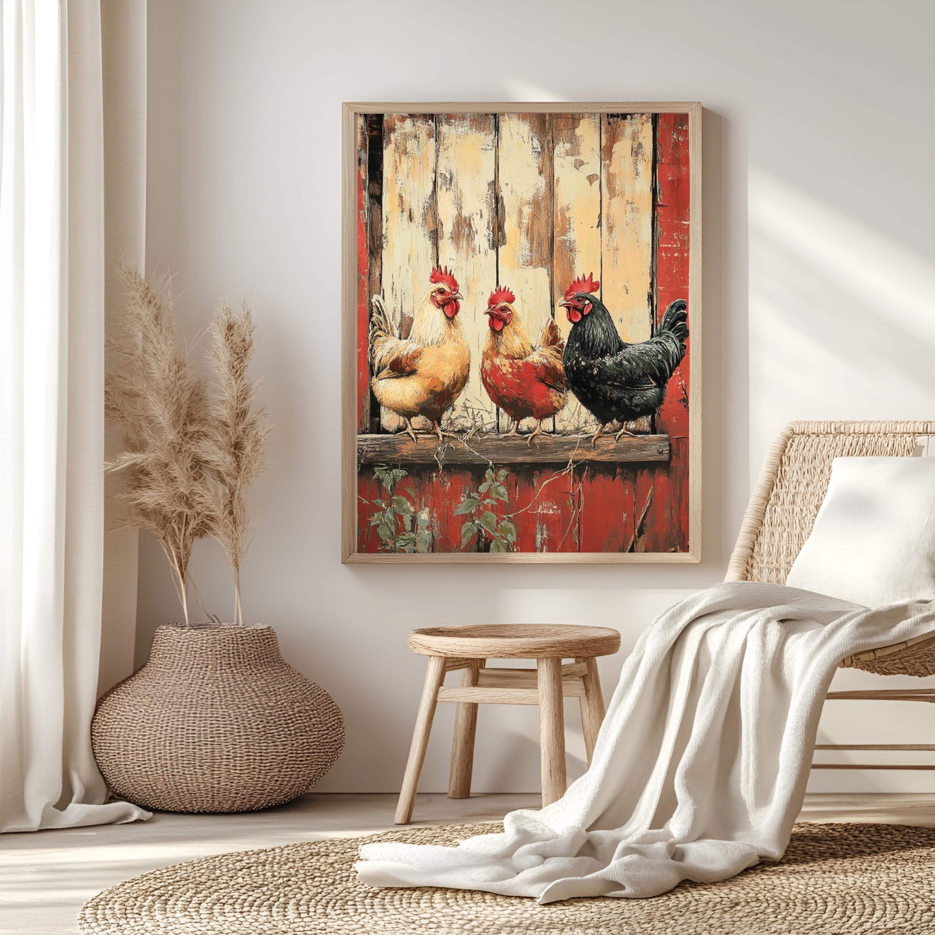 Vintage Chickens Wall Art, Farm Animal Poster Print, Rustic Country Canvas, Framed Barnyard Decor for Farmhouse Kitchen or Home, Nature Art