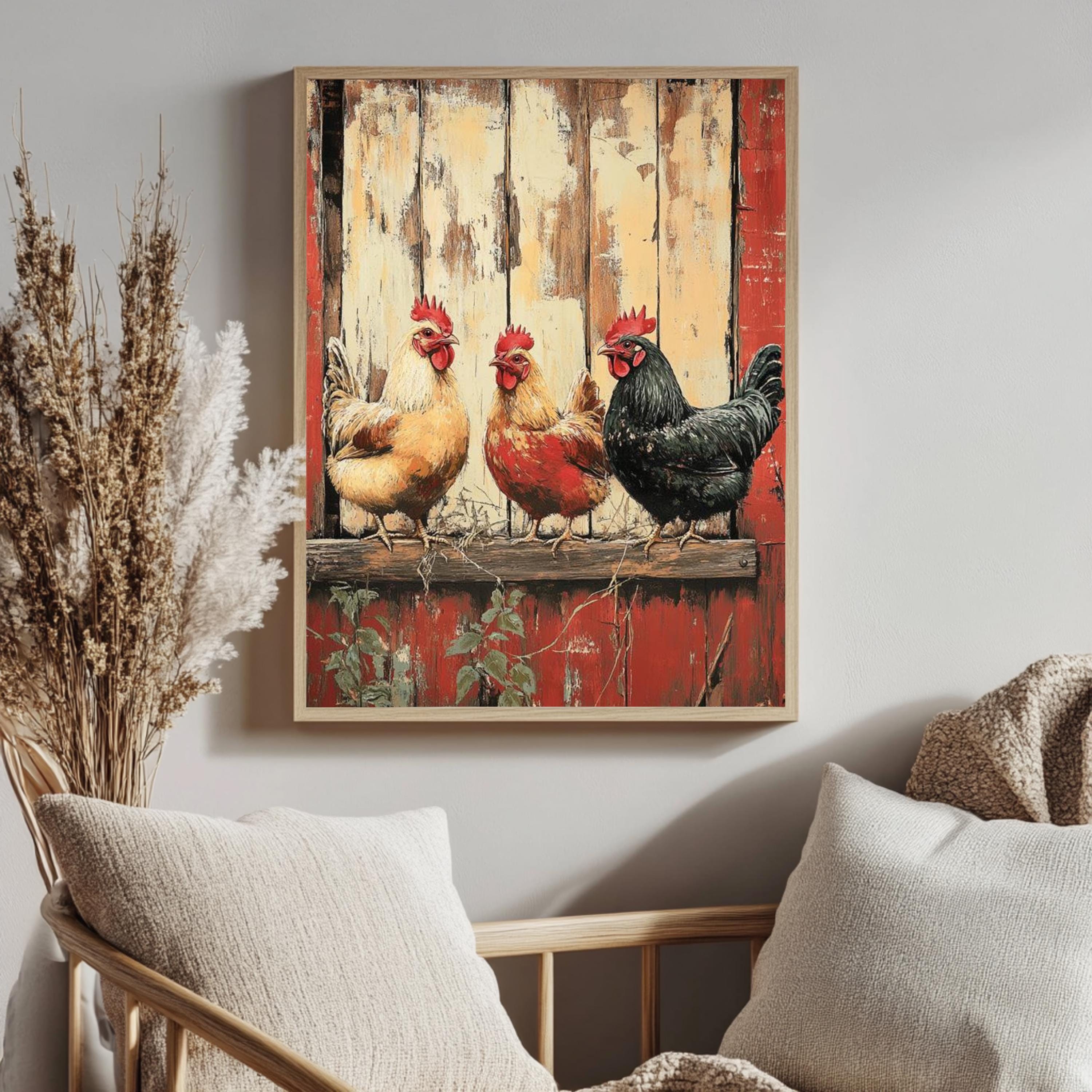 Vintage Chickens Wall Art, Farm Animal Poster Print, Rustic Country Canvas, Framed Barnyard Decor for Farmhouse Kitchen or Home, Nature Art