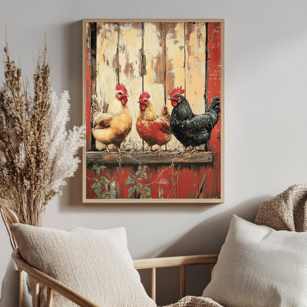 Vintage Chickens Wall Art, Farm Animal Poster Print, Rustic Country Canvas, Framed Barnyard Decor for Farmhouse Kitchen or Home, Nature Art