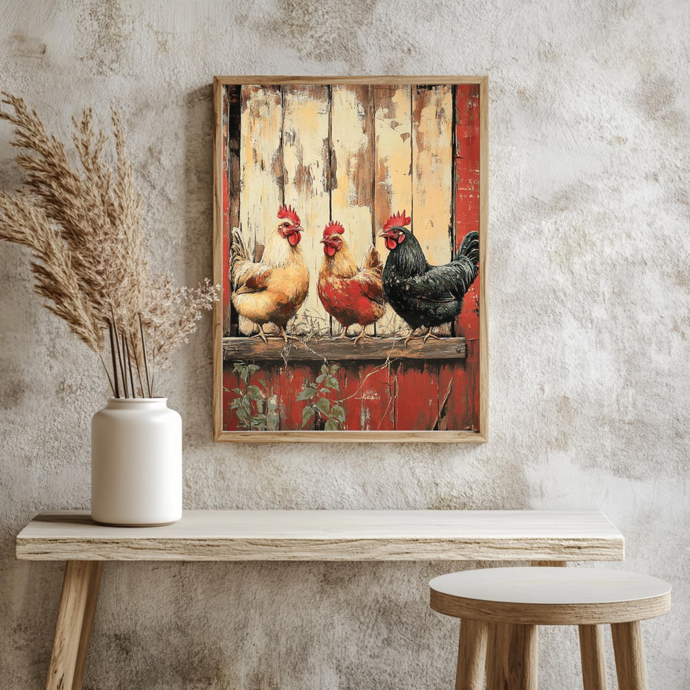 Vintage Chickens Wall Art, Farm Animal Poster Print, Rustic Country Canvas, Framed Barnyard Decor for Farmhouse Kitchen or Home, Nature Art