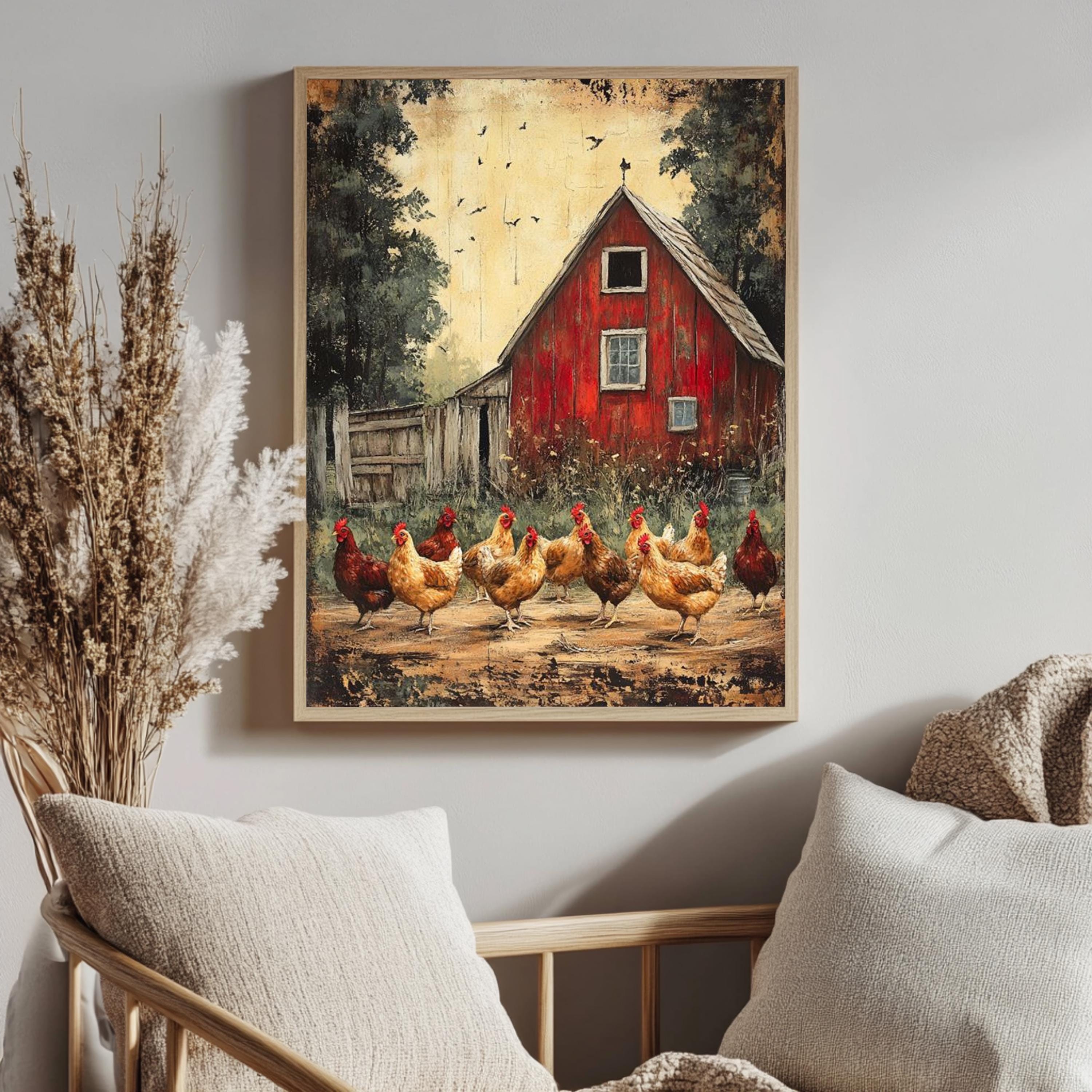 Barnyard Chickens Wall Art, Vintage Farm Poster Print, Rustic Chicken Canvas, Framed Country Animal Decor for Farmhouse Kitchen, Nature Art