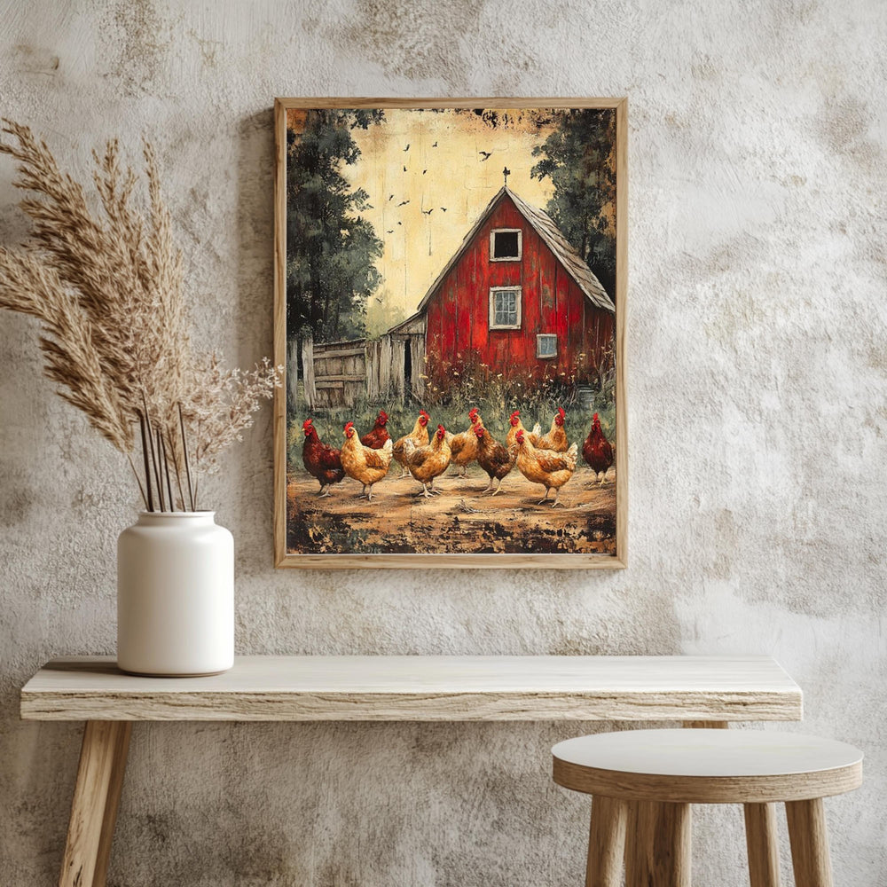 Barnyard Chickens Wall Art, Vintage Farm Poster Print, Rustic Chicken Canvas, Framed Country Animal Decor for Farmhouse Kitchen, Nature Art