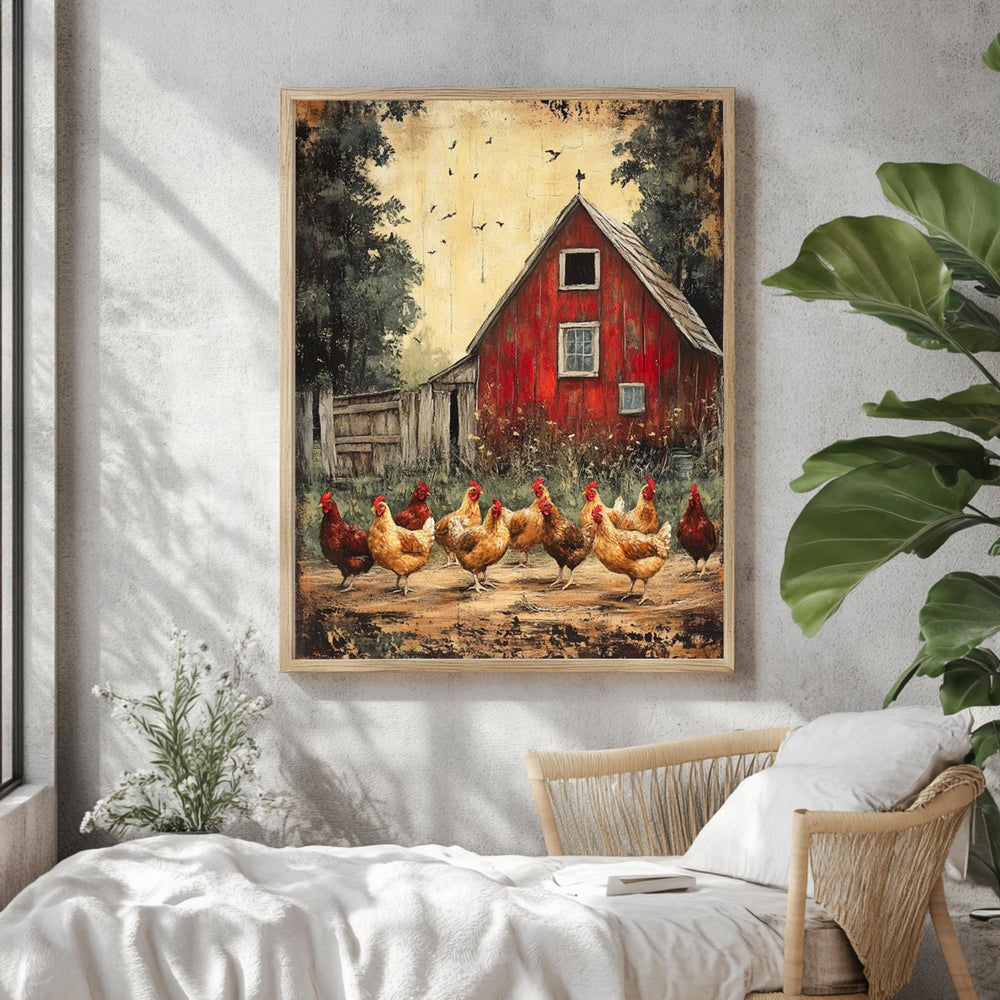 Barnyard Chickens Wall Art, Vintage Farm Poster Print, Rustic Chicken Canvas, Framed Country Animal Decor for Farmhouse Kitchen, Nature Art
