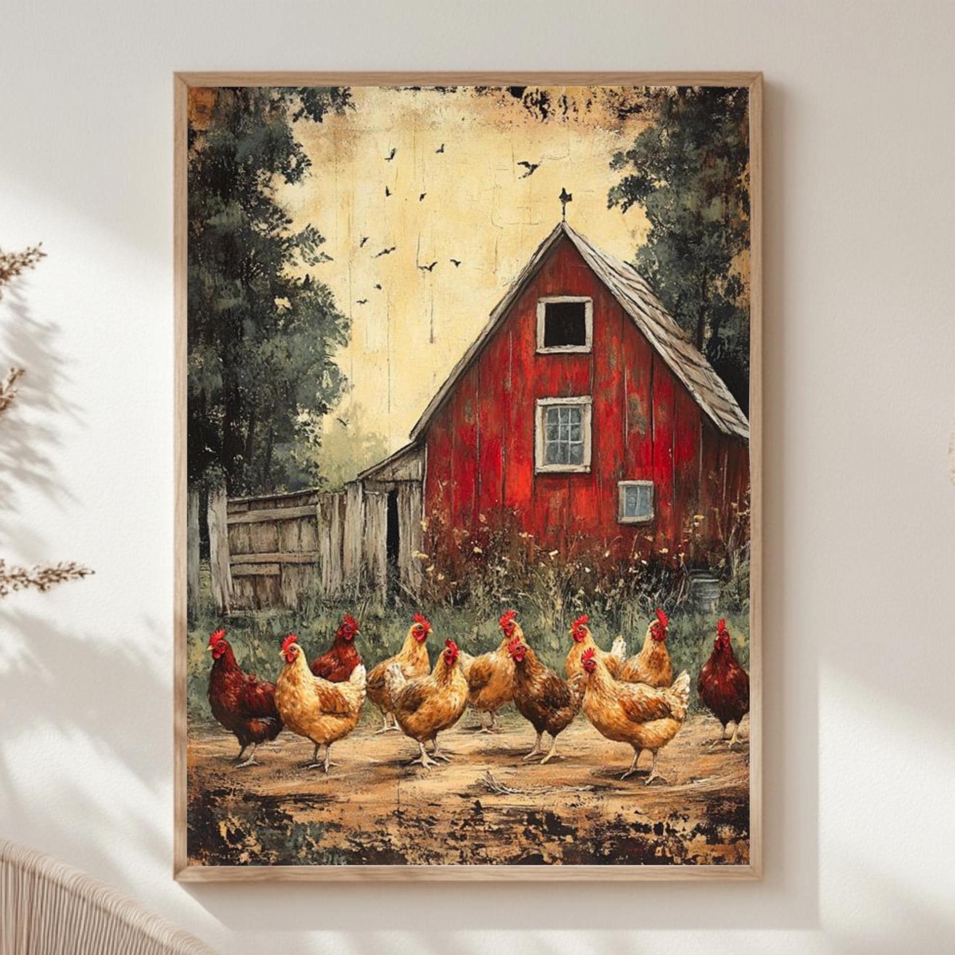 Barnyard Chickens Wall Art, Vintage Farm Poster Print, Rustic Chicken Canvas, Framed Country Animal Decor for Farmhouse Kitchen, Nature Art