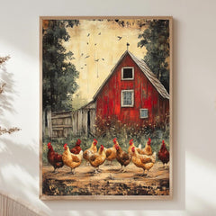 Barnyard Chickens Wall Art, Vintage Farm Poster Print, Rustic Chicken Canvas, Framed Country Animal Decor for Farmhouse Kitchen, Nature Art
