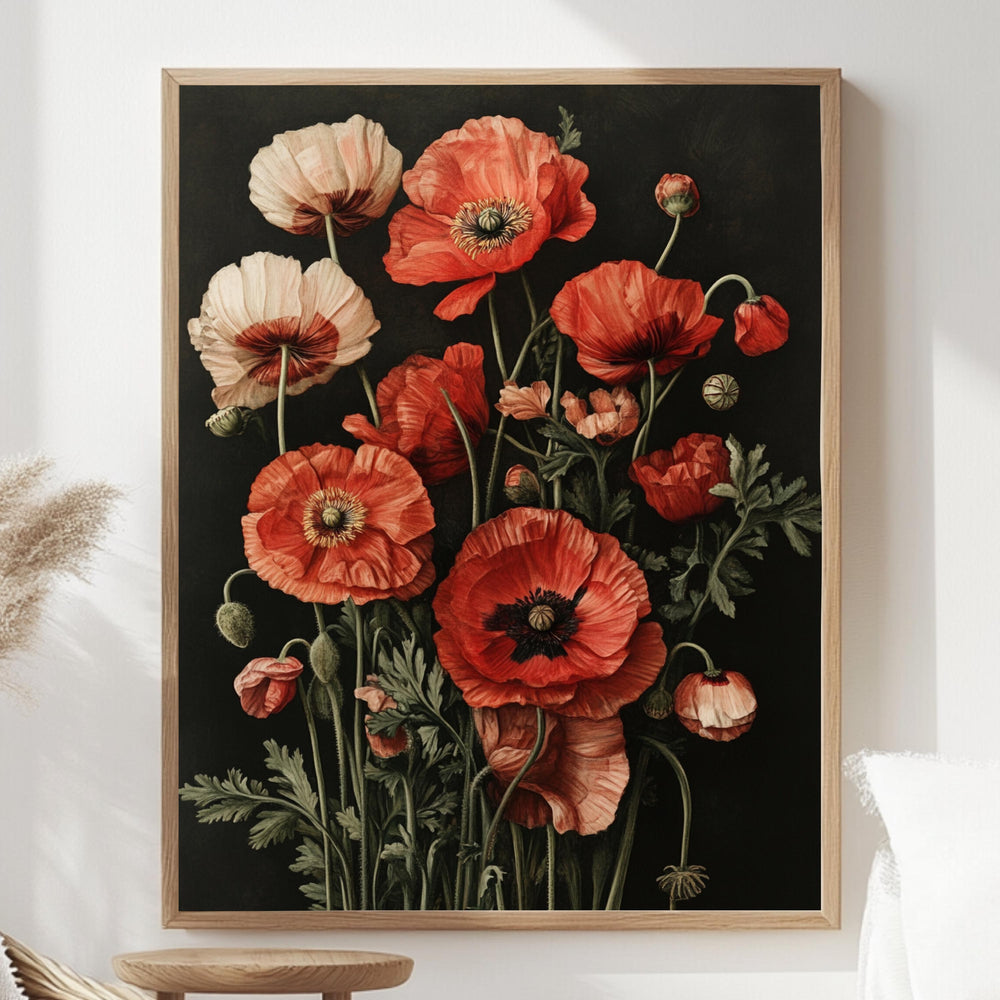 Dark Poppies Wall Art, Botanical Flower Poster Print, Framed Wildflower Canvas, Antique Garden Decor for Home or Office, Nature Wall art