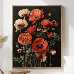 Dark Poppies Wall Art, Botanical Flower Poster Print, Framed Wildflower Canvas, Antique Garden Decor for Home or Office, Nature Wall art