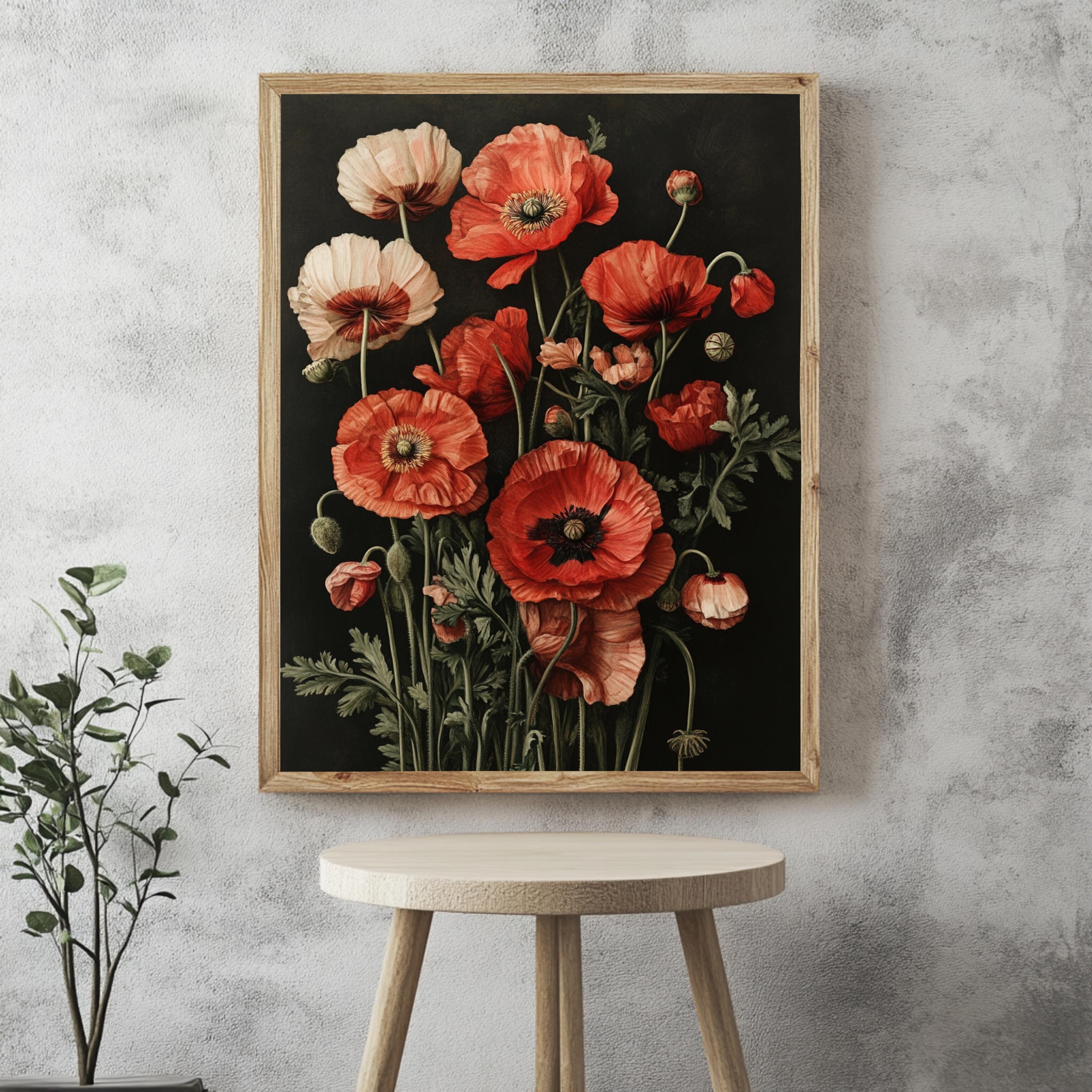 Dark Poppies Wall Art, Botanical Flower Poster Print, Framed Wildflower Canvas, Antique Garden Decor for Home or Office, Nature Wall art