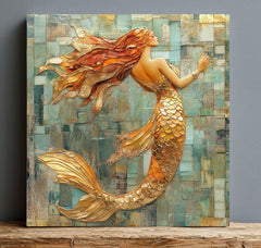 Mosaic Look Gold Mermaid Wall Art, Ocean Fantasy Decor, Elegant Mermaid Print, Coastal Beach Mermaid Wall Art Print