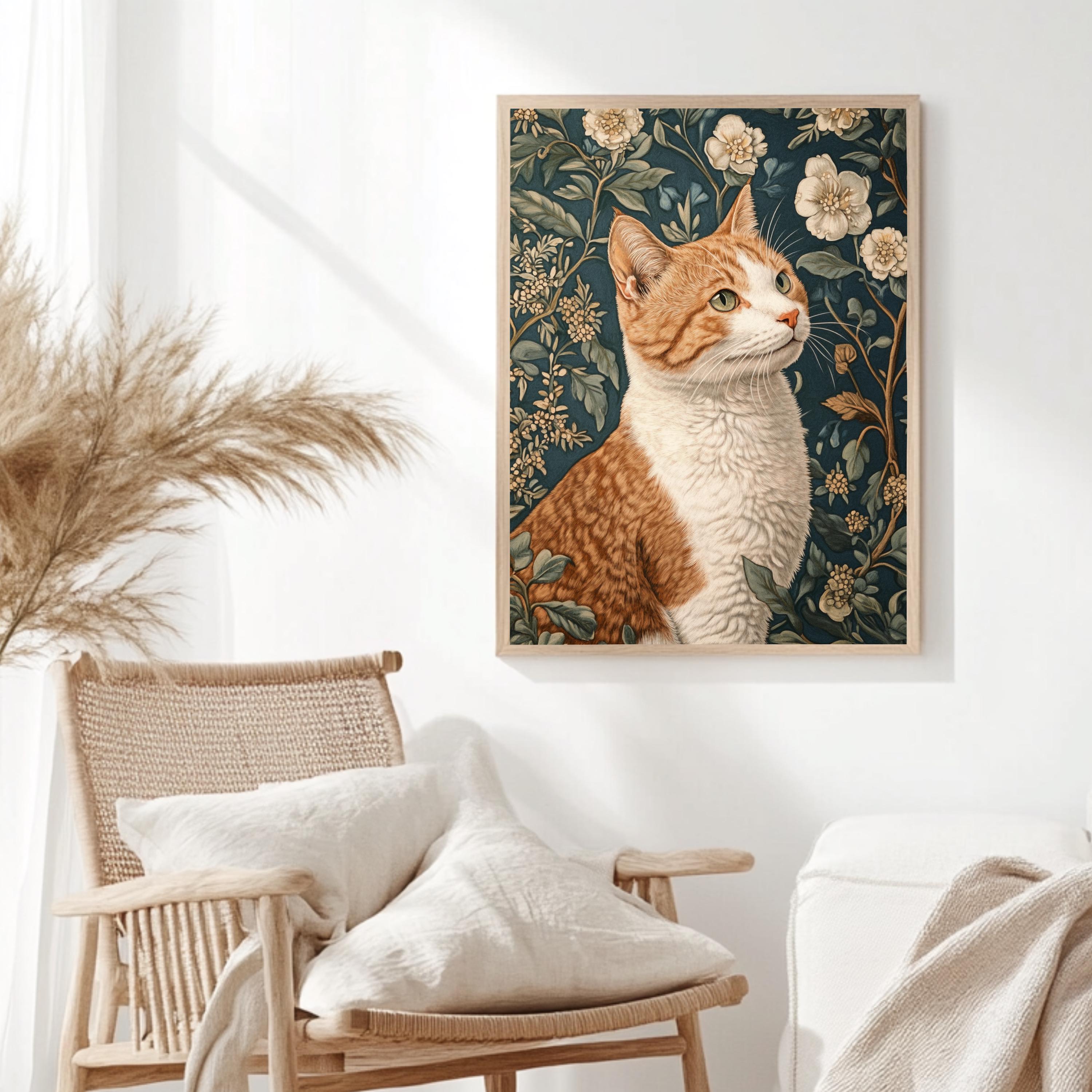 William Morris Cat Wall Art, Floral Vintage Cat Canvas, Orange Tabby Cat Art Print, Cottagecore Framed Decor, Botanical Cat Lover Gift