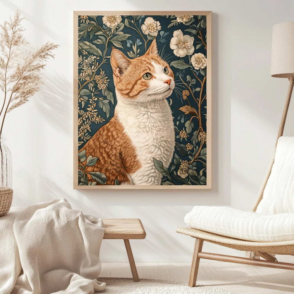 William Morris Cat Wall Art, Floral Vintage Cat Canvas, Orange Tabby Cat Art Print, Cottagecore Framed Decor, Botanical Cat Lover Gift