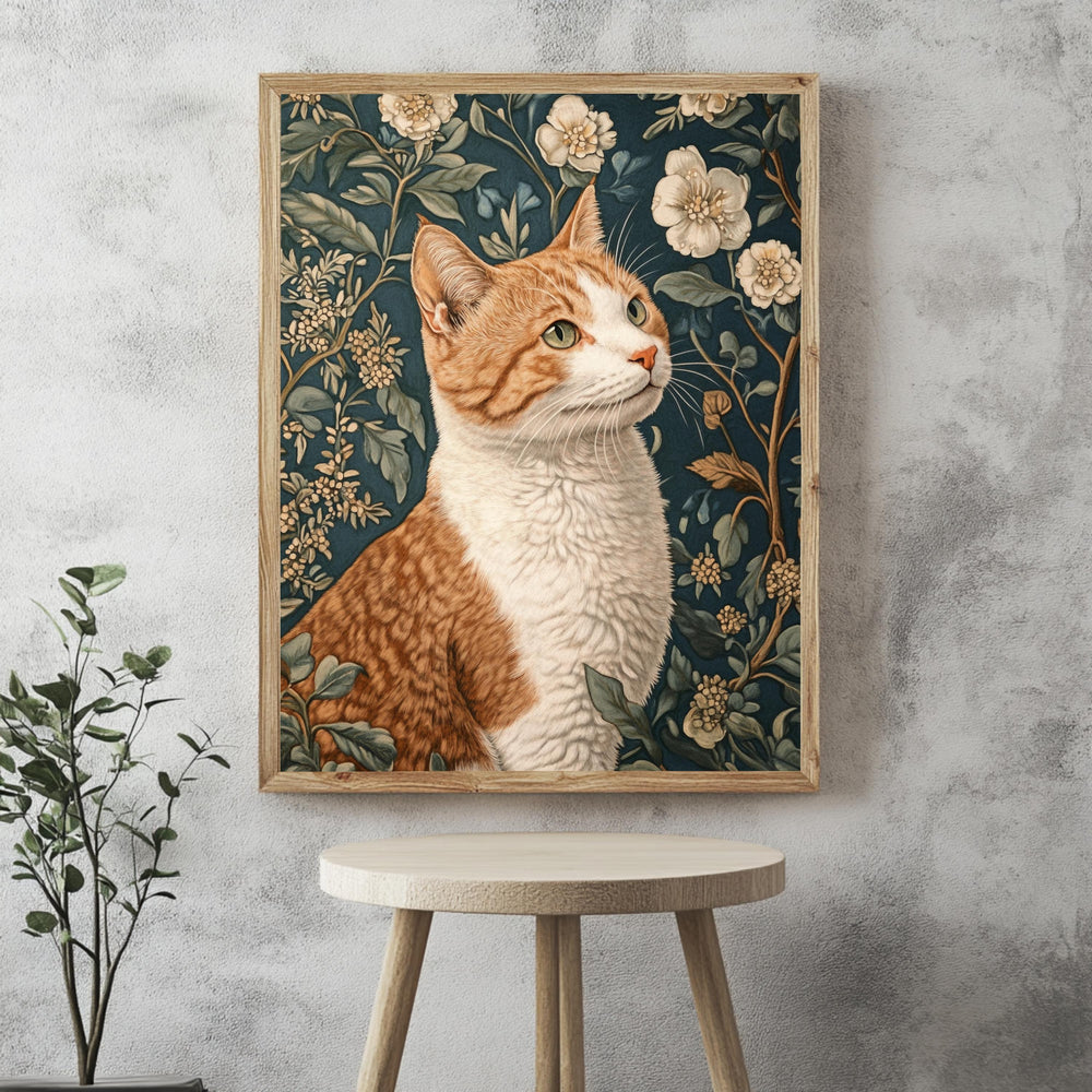 William Morris Cat Wall Art, Floral Vintage Cat Canvas, Orange Tabby Cat Art Print, Cottagecore Framed Decor, Botanical Cat Lover Gift