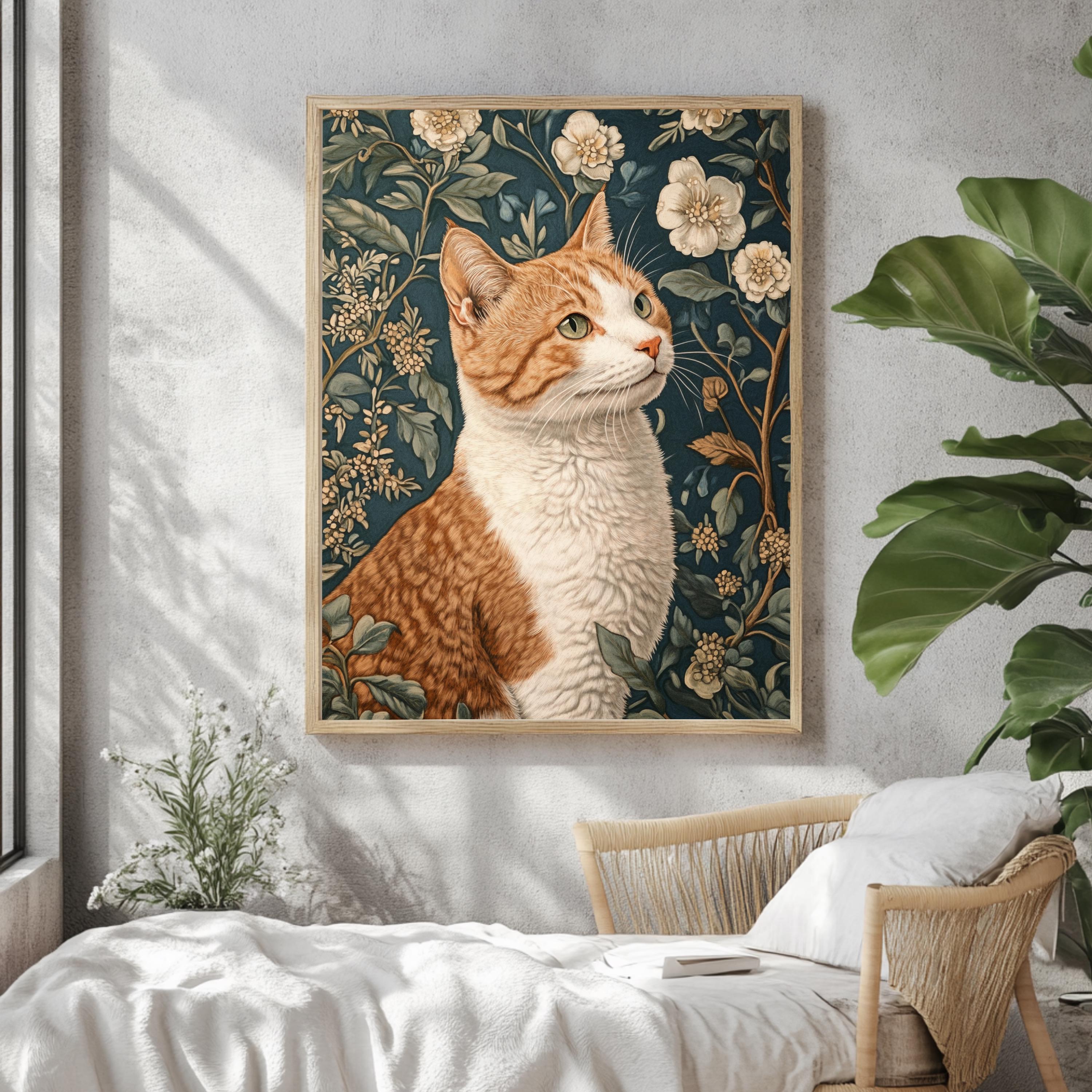 William Morris Cat Wall Art, Floral Vintage Cat Canvas, Orange Tabby Cat Art Print, Cottagecore Framed Decor, Botanical Cat Lover Gift