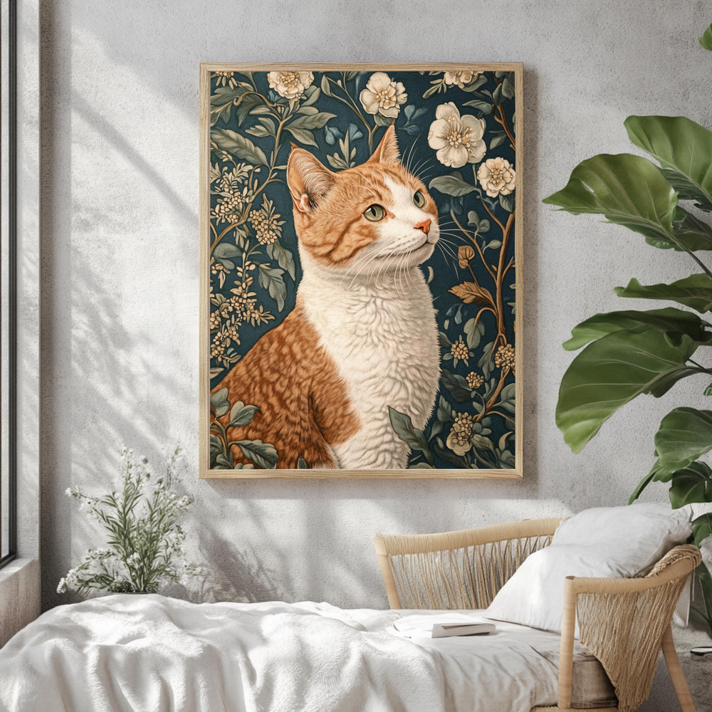 William Morris Cat Wall Art, Floral Vintage Cat Canvas, Orange Tabby Cat Art Print, Cottagecore Framed Decor, Botanical Cat Lover Gift