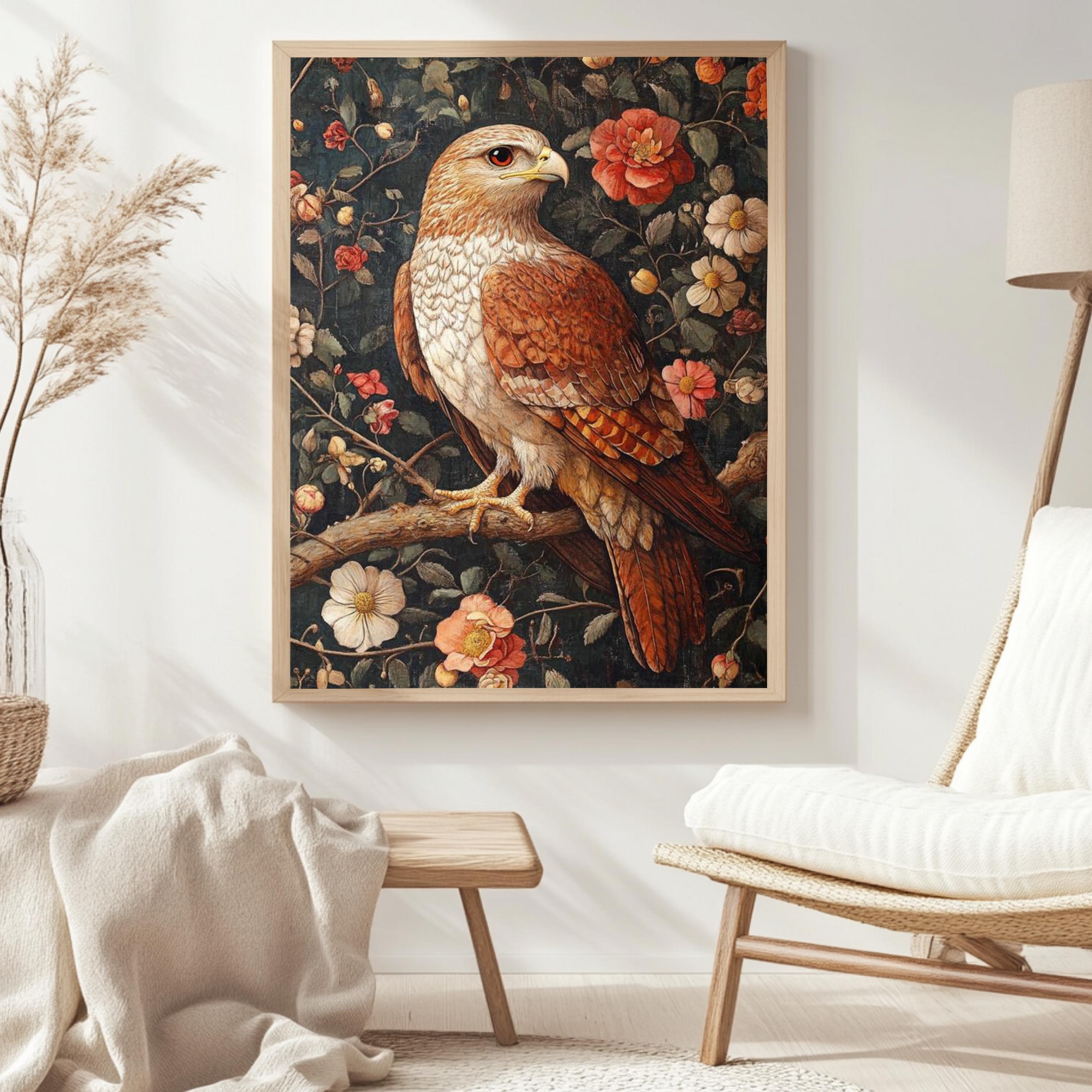 Floral Hawk Wall Art, William Morris Inspired Bird Canvas, Botanical Falcon Print, Natural Wood Framed Decor, Vintage Cottagecore Style