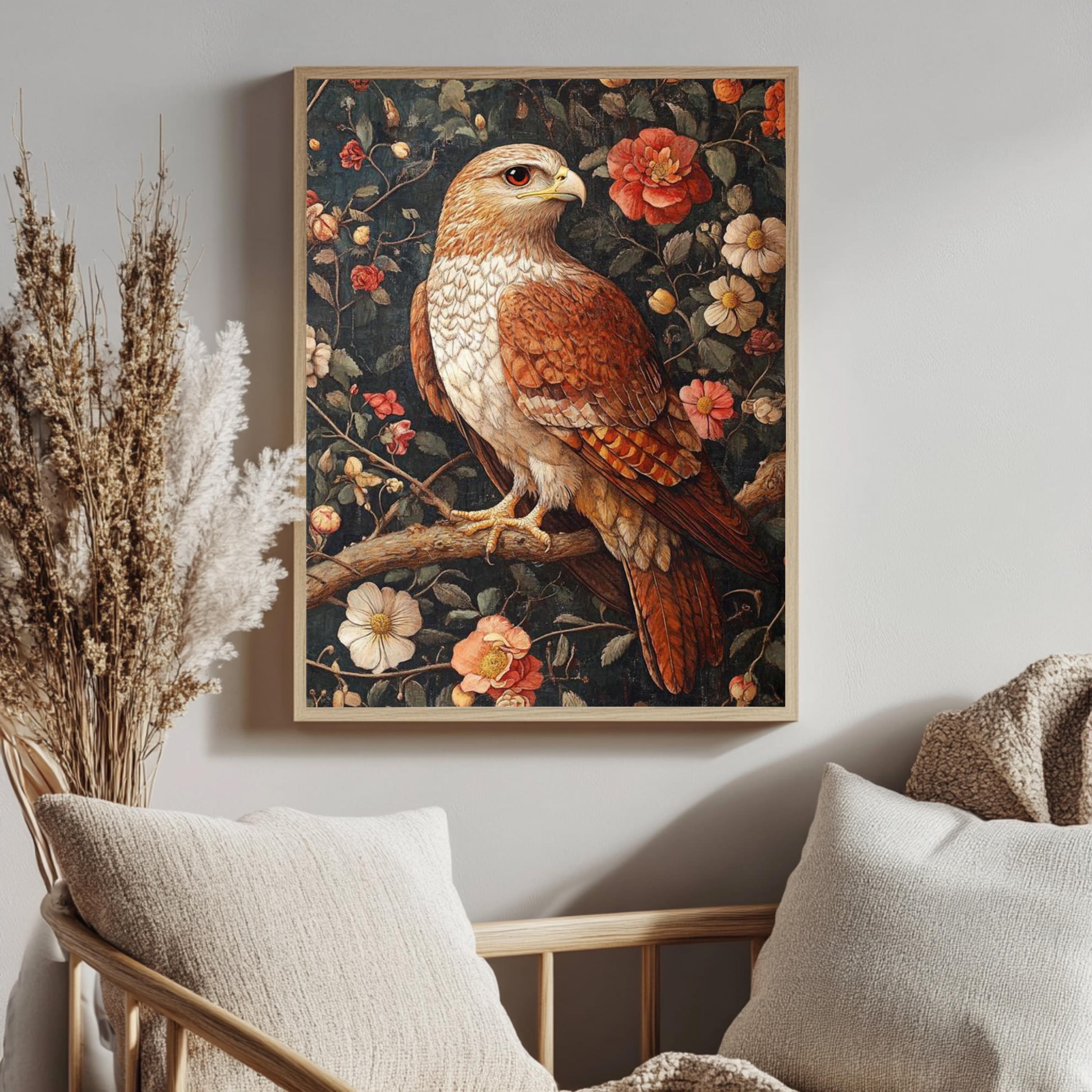 Floral Hawk Wall Art, William Morris Inspired Bird Canvas, Botanical Falcon Print, Natural Wood Framed Decor, Vintage Cottagecore Style