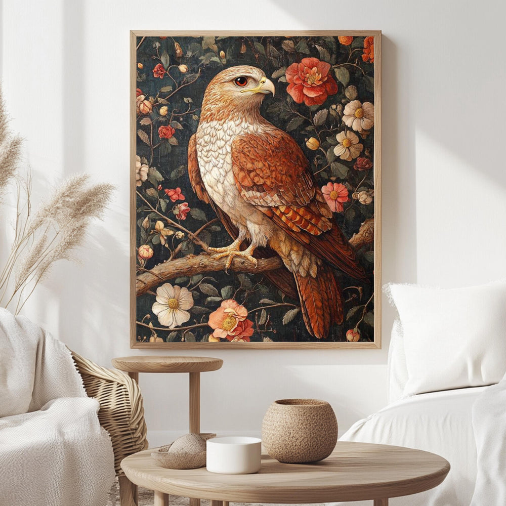 Floral Hawk Wall Art, William Morris Inspired Bird Canvas, Botanical Falcon Print, Natural Wood Framed Decor, Vintage Cottagecore Style
