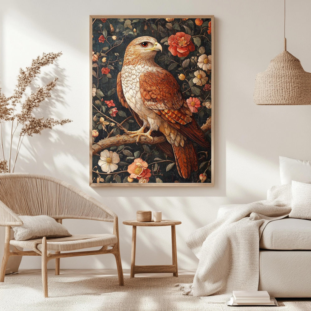 Floral Hawk Wall Art, William Morris Inspired Bird Canvas, Botanical Falcon Print, Natural Wood Framed Decor, Vintage Cottagecore Style