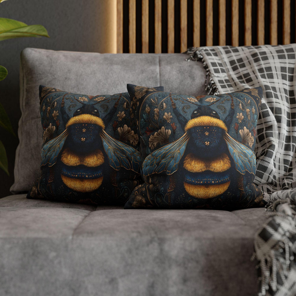 Celestial Bee Pillow, Blue and Gold Bumblebee Cushion, Mystical Insect Throw Pillow, Floral Astrology Decor, Cottagecore Nature Accent