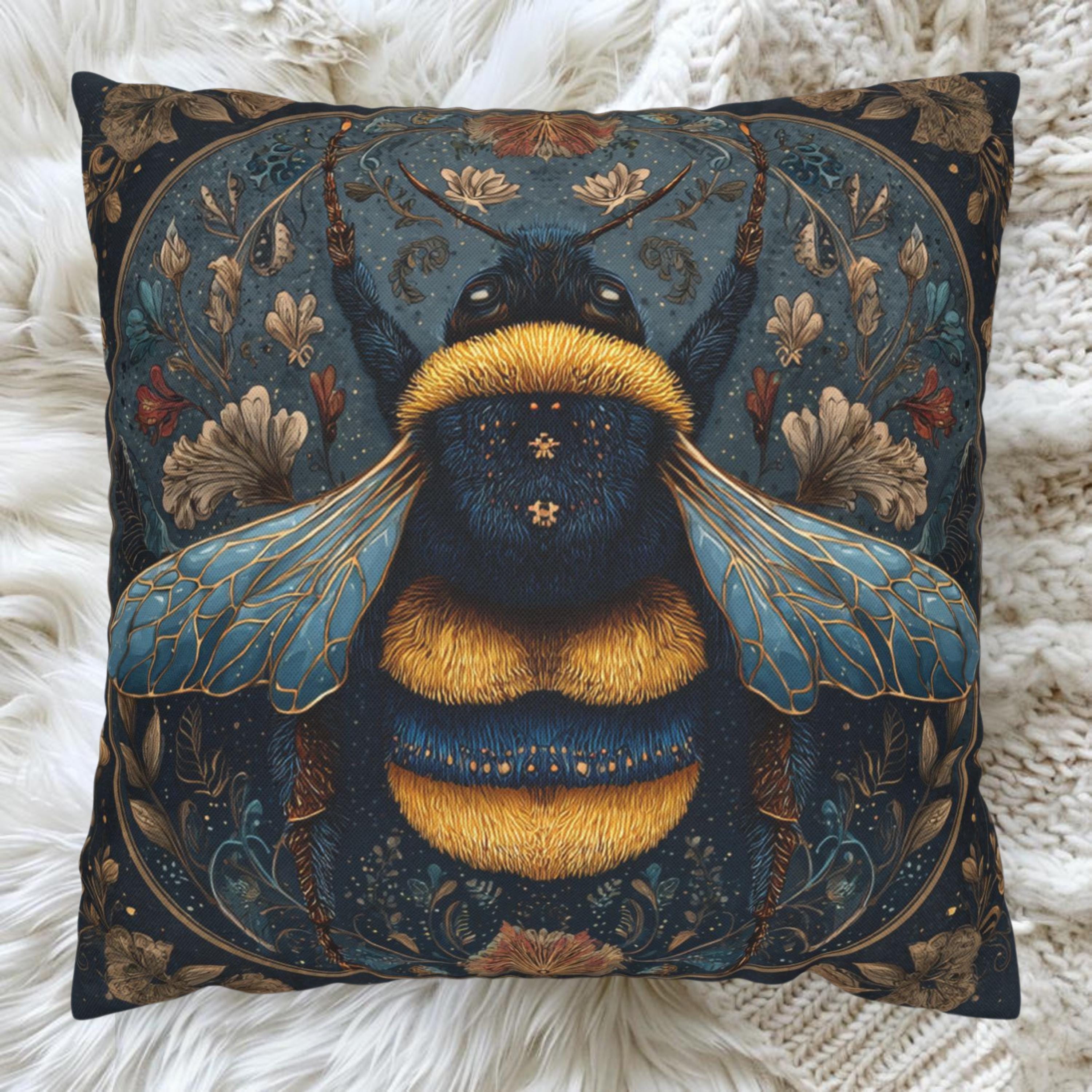 Celestial Bee Pillow, Blue and Gold Bumblebee Cushion, Mystical Insect Throw Pillow, Floral Astrology Decor, Cottagecore Nature Accent