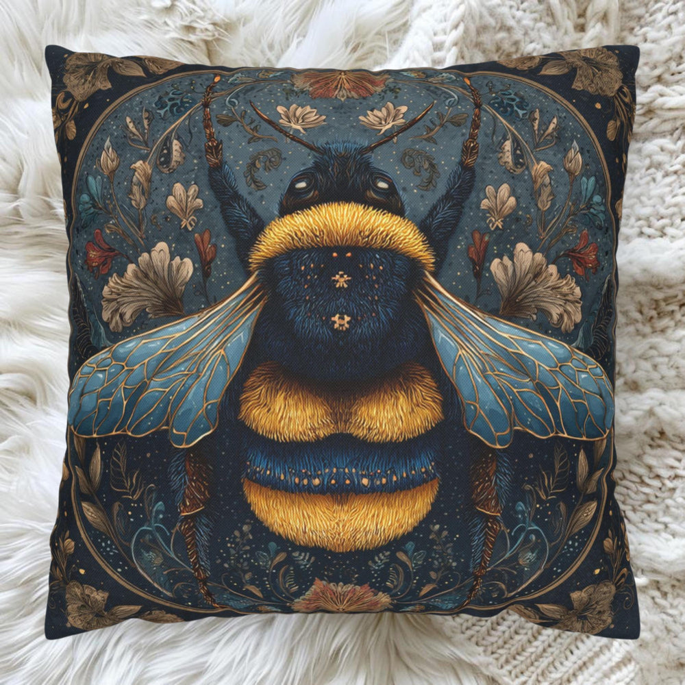 Celestial Bee Pillow, Blue and Gold Bumblebee Cushion, Mystical Insect Throw Pillow, Floral Astrology Decor, Cottagecore Nature Accent