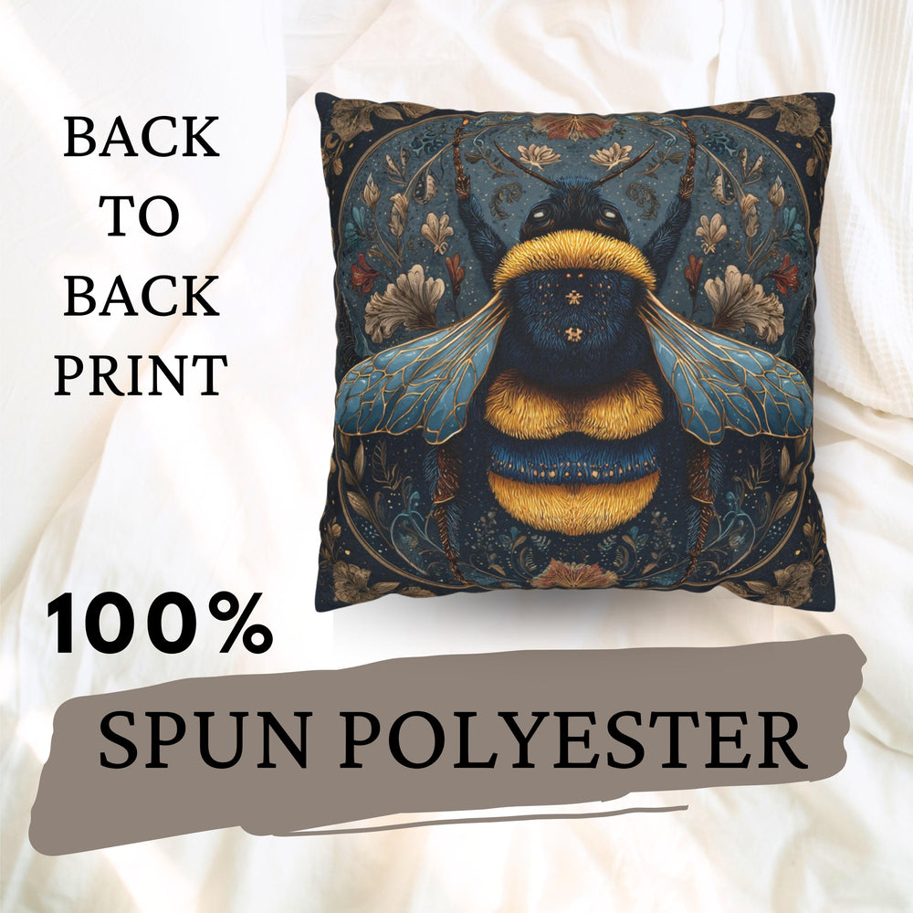 Celestial Bee Pillow, Blue and Gold Bumblebee Cushion, Mystical Insect Throw Pillow, Floral Astrology Decor, Cottagecore Nature Accent
