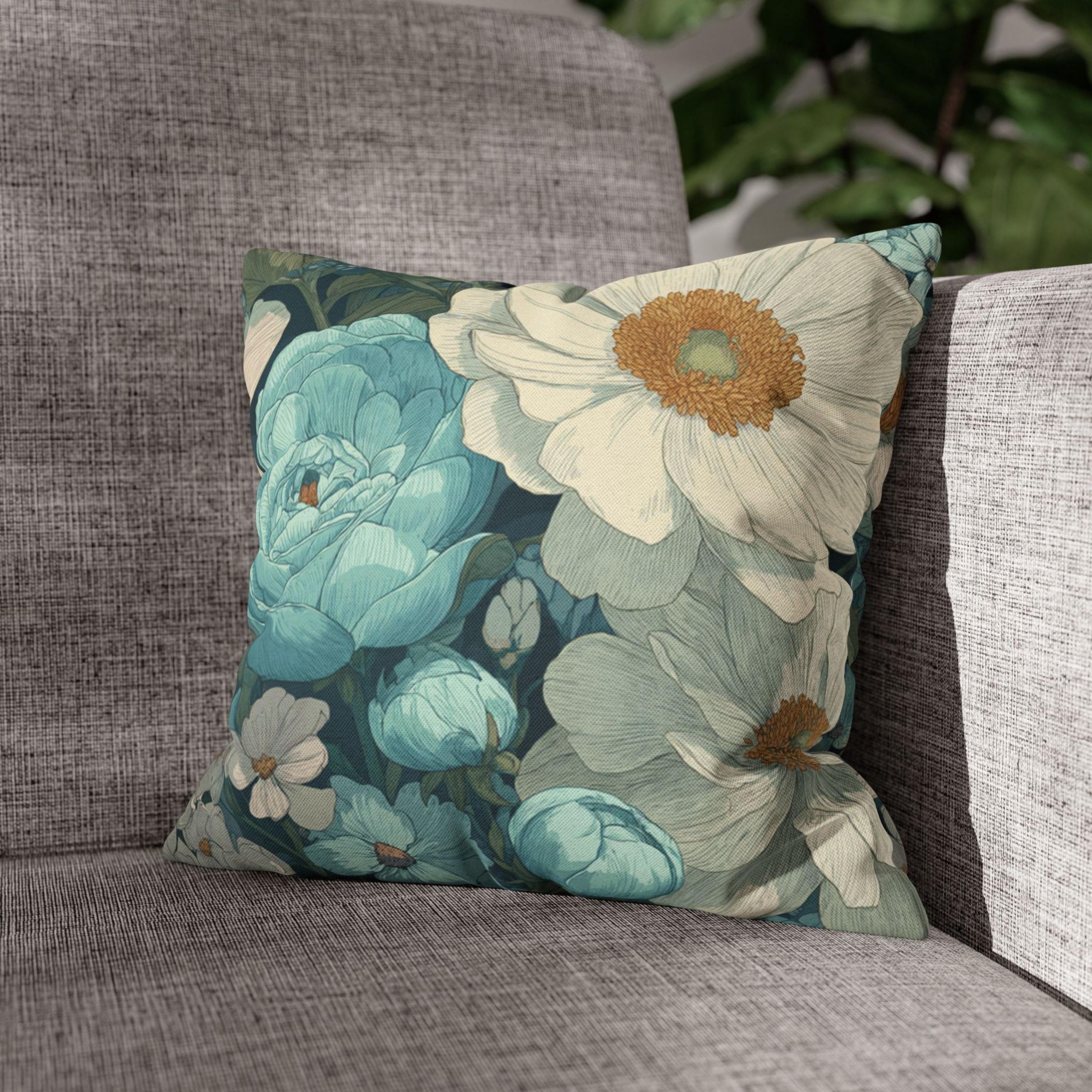 Soft Blue Floral Throw Pillow, Vintage Botanical Cushion, Pastel Garden Bloom Decor, Romantic Cottagecore Accent Pillow