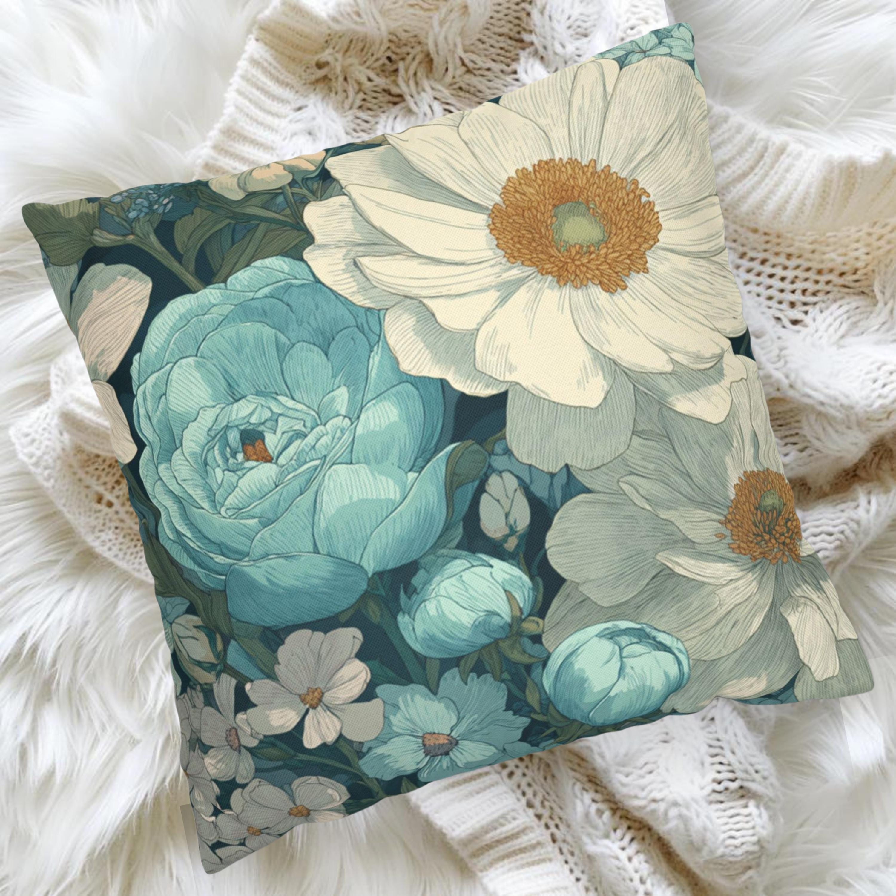 Soft Blue Floral Throw Pillow, Vintage Botanical Cushion, Pastel Garden Bloom Decor, Romantic Cottagecore Accent Pillow