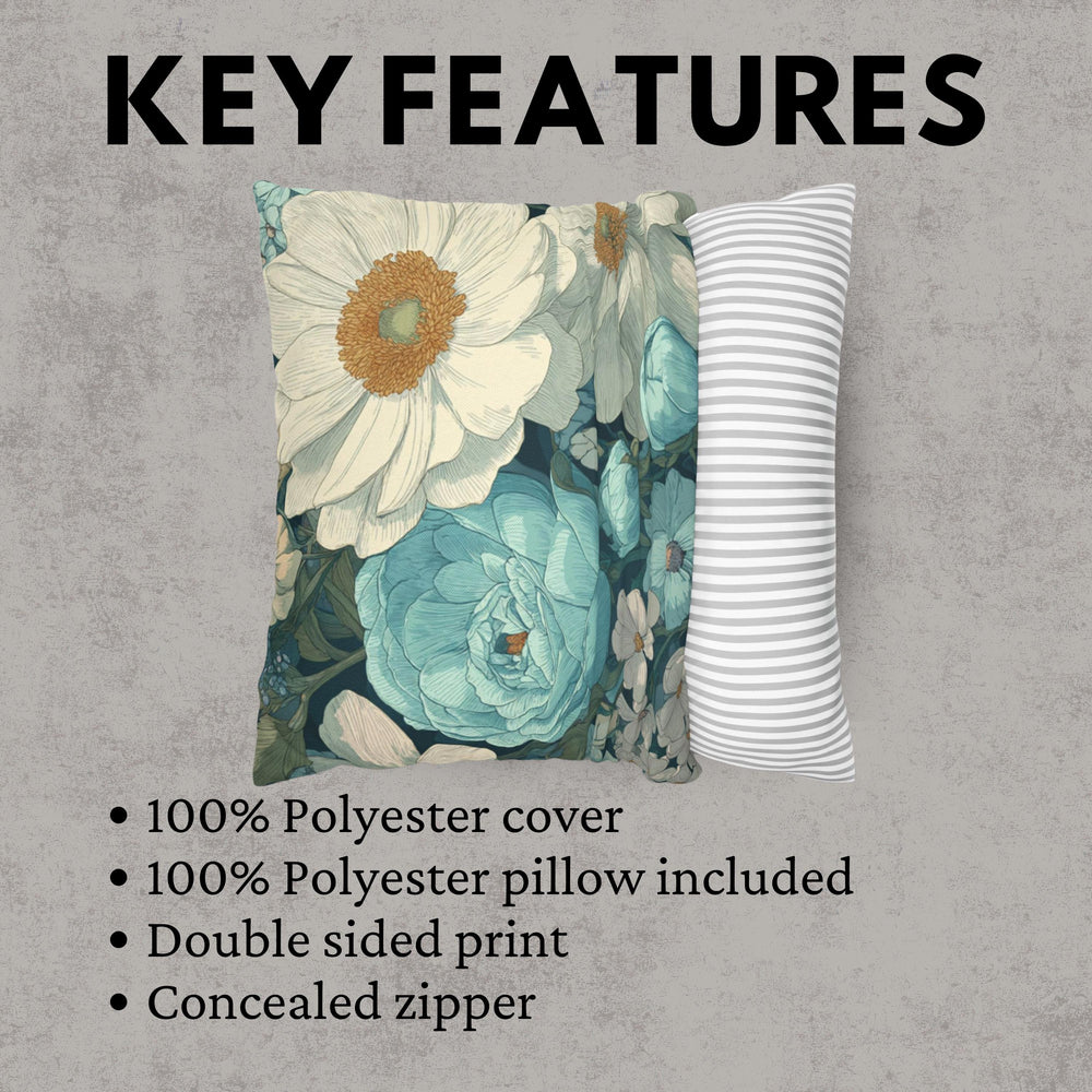 Soft Blue Floral Throw Pillow, Vintage Botanical Cushion, Pastel Garden Bloom Decor, Romantic Cottagecore Accent Pillow