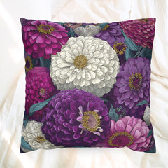 Zinnia Floral Pillow, Purple and White Flower Cushion, Botanical Throw Pillow Cover, Cottagecore Garden Decor, Vintage Bloom Accent